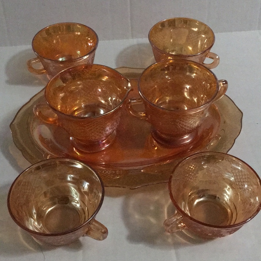 Rare 7pc. Early Matching Pattern!  Carnival Glass Tea Set With Cream/Sugar/Tray